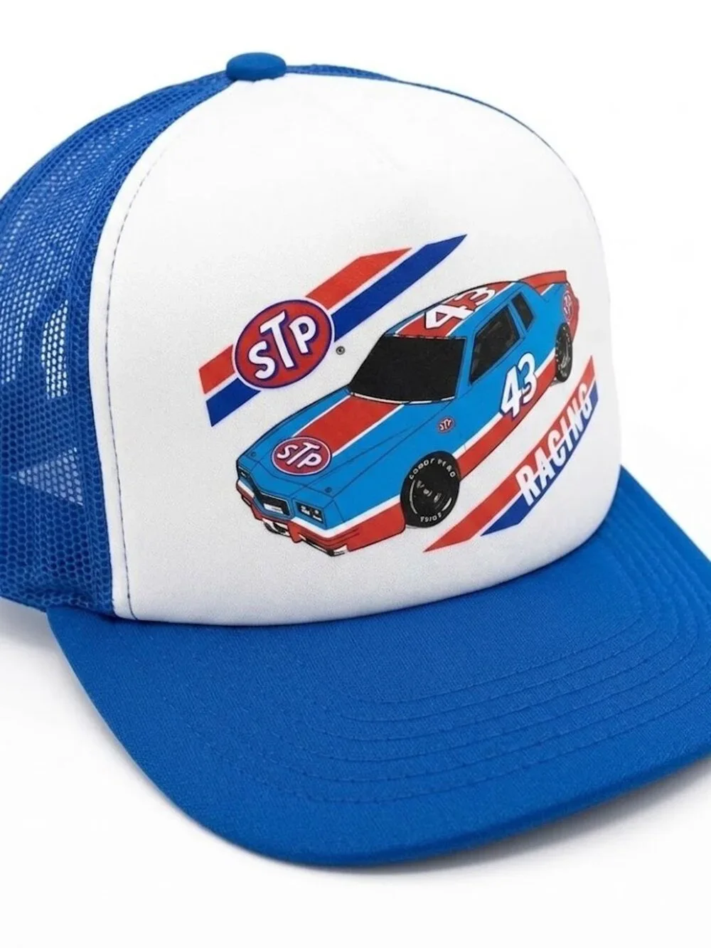STP Racing 43 Stock Car Printed Blue White Foam Snapback Trucker Hat Petty Retro